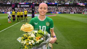 <p>SPECIAL NIGHT: Republic of Ireland captain Denise O'Sullivan is presented with a bouquet of flowers and a gold cap in recognition of earning her 100th cap before the women's international friendly match between USA and Republic of Ireland at the Q2 Stadium in Austin, Texas. Photo by Stephen McCarthy/Sportsfile</p>