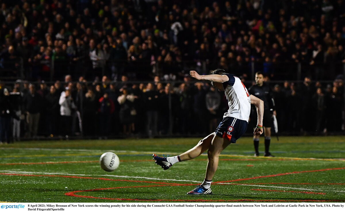 Mikey Brosnan of New York scores the winning penalty. Pic: David Fitzgerald/Sportsfile Mikey Brosnan of New York scores the winning penalty. Pic: David Fitzgerald/Sportsfile