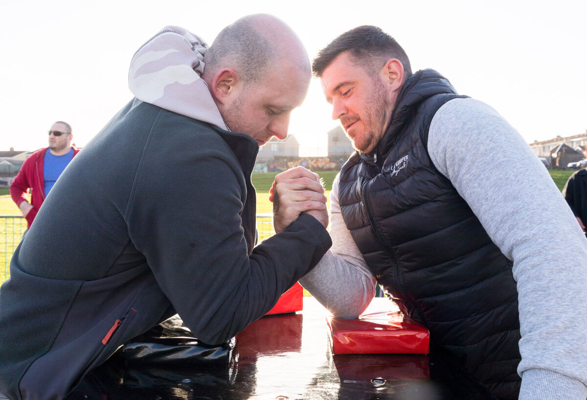 Ronnie Mostyn and Cian Healy of the Street Arm Wrestling team in action in Knocknaheeny, Cork. Picture: David Creedon