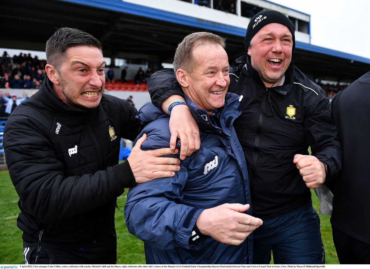 BIG WIN: Clare manager Colm Collins, centre, celebrates with coaches Micheál Cahill and Joe Hayes, right, celebrates after their side's victory in the Munster GAA Football Senior Championship Quarter-Final match between Clare and Cork at Cusack Park in Ennis, Clare. Photo by Piaras Ó Mídheach/Sportsfile