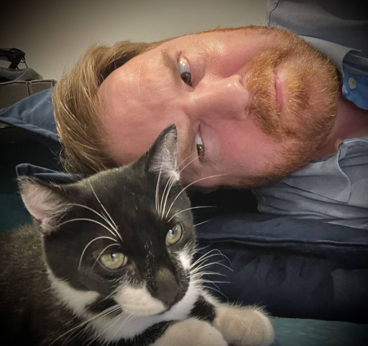 Bernard O'Shea and feline assistant Jingles, who had no positive affirmations for Examiner staffers when asked.
