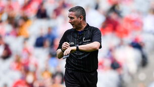 <p>CALLING TIME: Referee Fergal Horgan during the GAA Hurling All-Ireland Senior Championship semi-final match between Kilkenny and Cork at Croke Park in 2021. Pic: Piaras Ó Mídheach/Sportsfile</p>