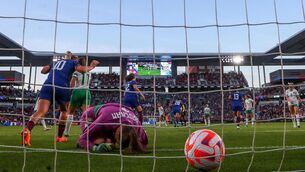 <p>SINKING FEELING: Ireland’s goalkeeper Courtney Brosnan is beaten by a shot from Alana Cook of USA</p>