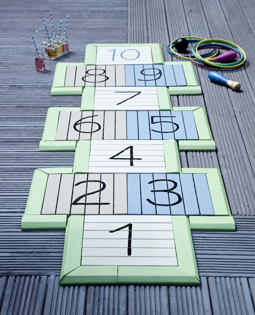 Cuprinol garden shades have been used here to compose a hopscotch game on a family deck in the shades Green Orchid Sky Reflection, Muted Clay, Pale Jasmine and Black Ash on the deck. Bevel edges and screw the squares down to avoid a tripping hazard; €19.99 for one litre, suppliers include Woodies DIY. Cuprinol garden shades have been used here to compose a hopscotch game on a family deck in the shades Green Orchid Sky Reflection, Muted Clay, Pale Jasmine and Black Ash on the deck. Bevel edges and screw the squares down to avoid a tripping hazard; €19.99 for one litre, suppliers include Woodies DIY.