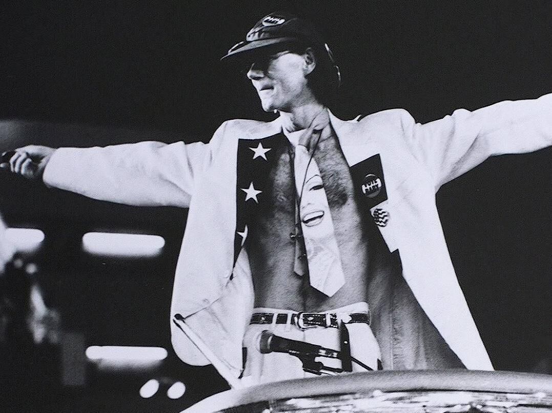 BP Fallon as ‘Guru, Viber &amp; DJ’ on U2’s Zoo TV tour.  Picture: Bill Bernstein