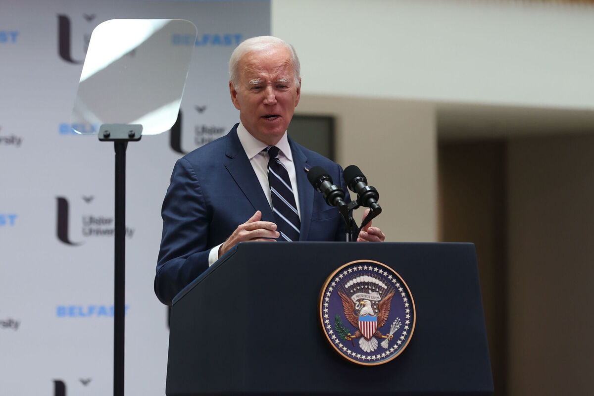 US President Joe Biden delivers his keynote speech at Ulster University in Belfast, during his visit to the island of Ireland. Picture: Liam McBurney/PA Wire