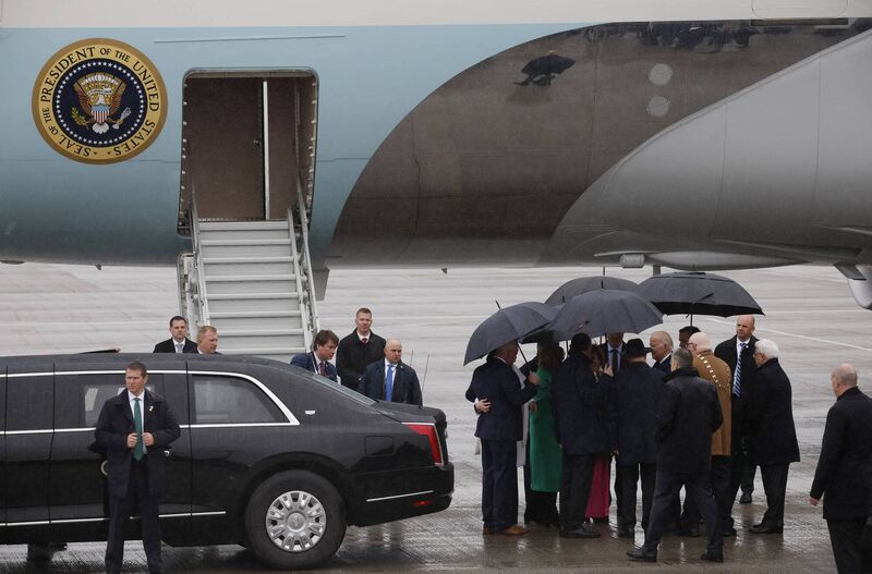 Picture shows President Biden arriving at Dublin Airport and being greeted by Taoiseach Leo Varadkar TD, Ambassador of the United States to Ireland H.E. Claire Cronin, Ambassador of Ireland to the United States H.E. Geraldine Byrne Nason. Picture: Julien Behal