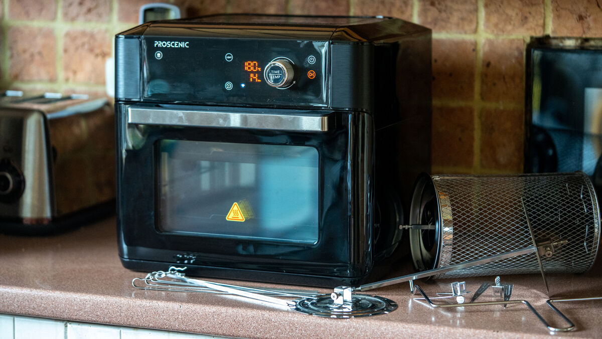 The Proscenic T31 includes several useful accessories including rotisserie skewers. Picture: Noel Campion. The Proscenic T31 includes several useful accessories including rotisserie skewers. Picture: Noel Campion.