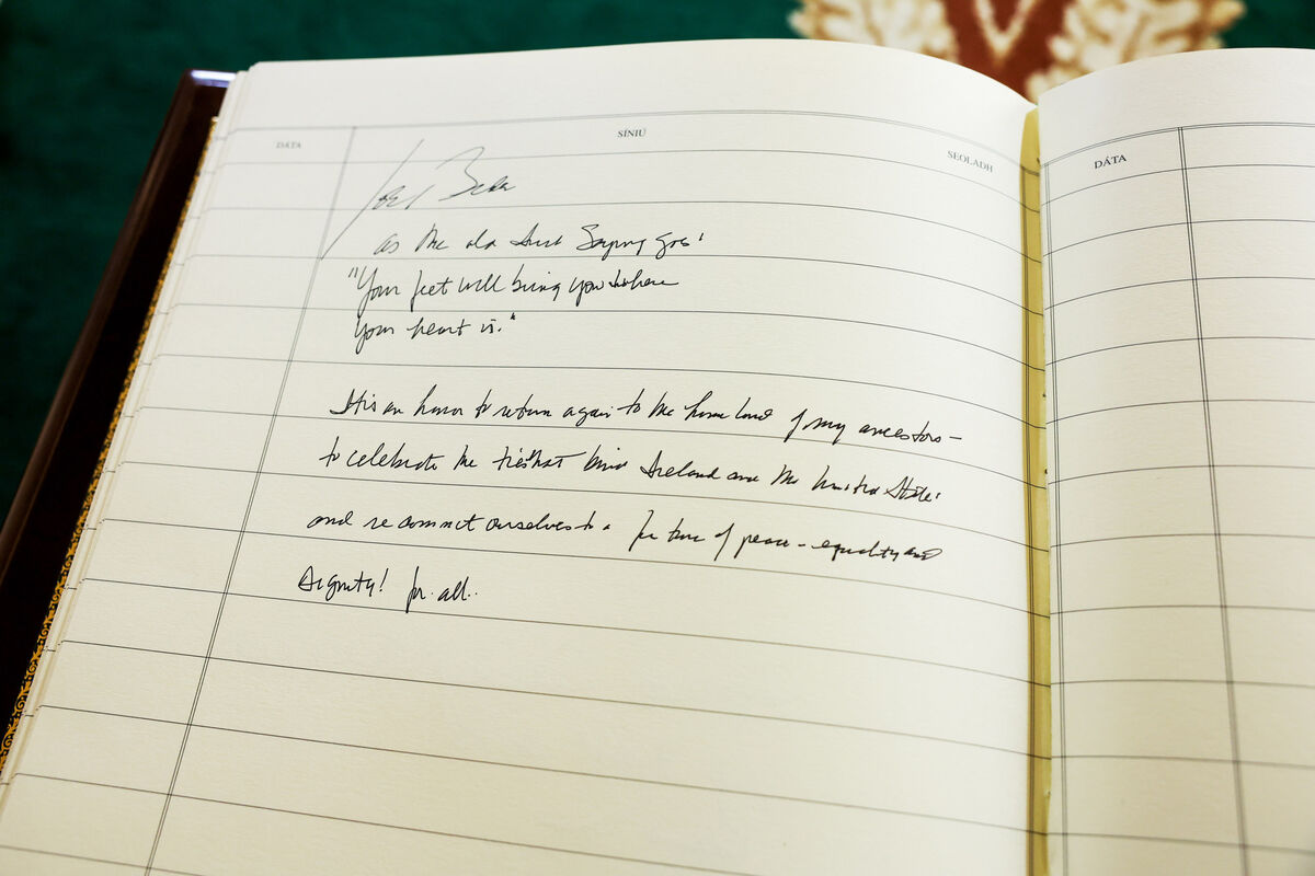 US President Joe Biden message in the guestbook at Áras an Uachtaráin. Picture: Maxwells US President Joe Biden message in the guestbook at Áras an Uachtaráin. Picture: Maxwells