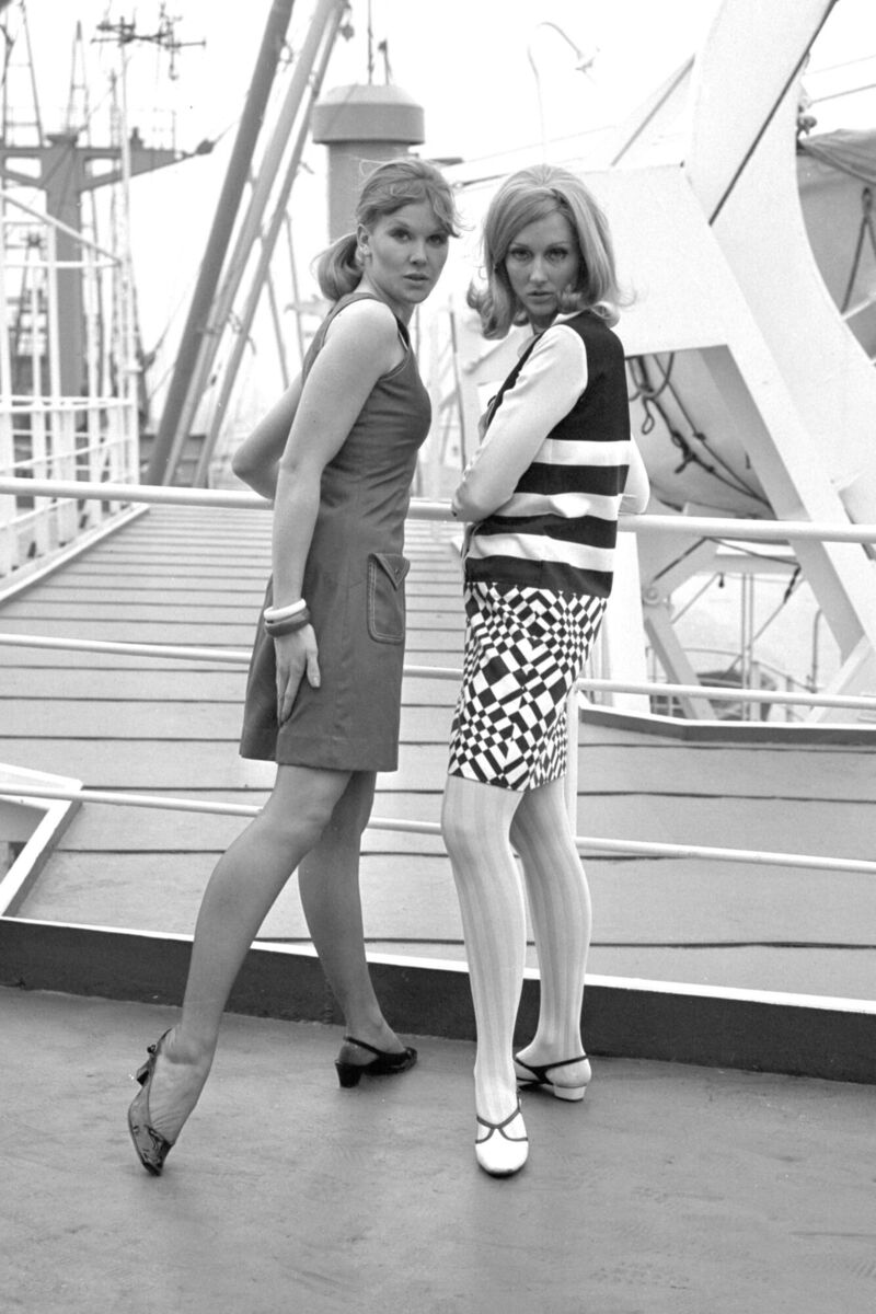 Mary Quant (left)aboard the cargo vessel Benarmin in Victoria Dock, London in 1966