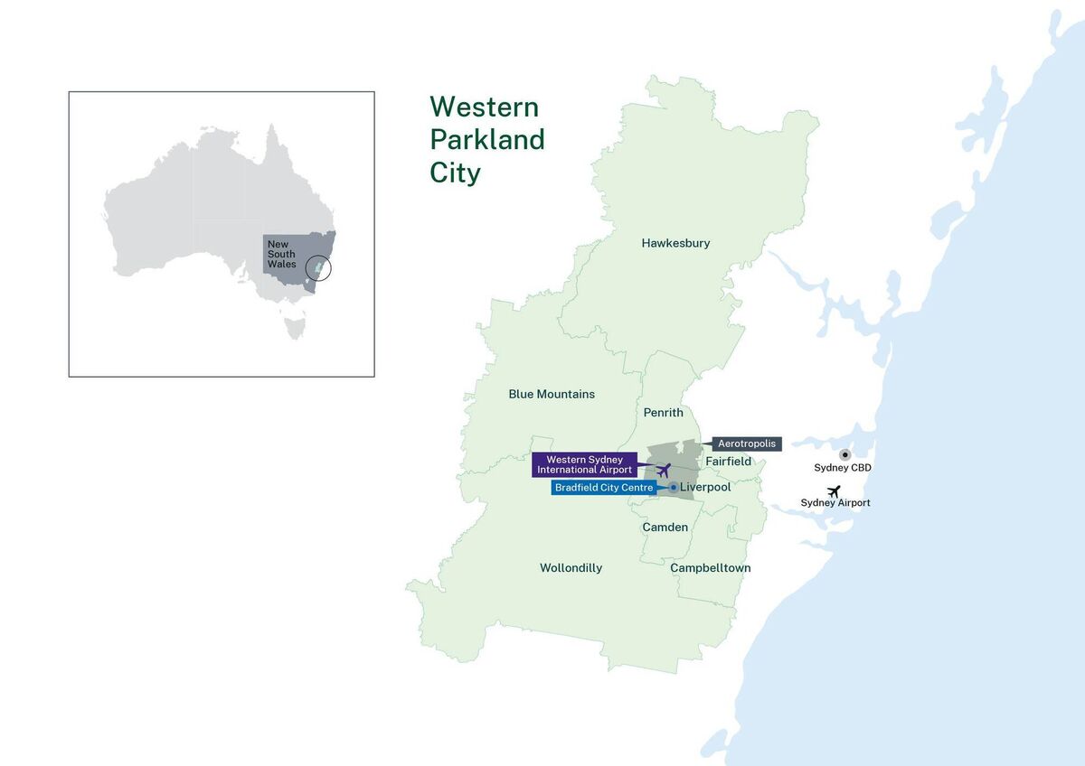 Map of the Bradfield City development. Source: Western Parkland City Authority Map of the Bradfield City development. Source: Western Parkland City Authority