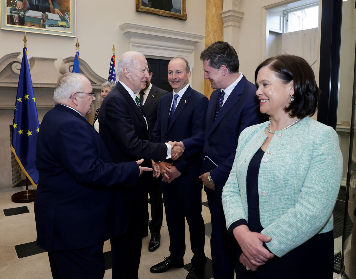 US President Joe Biden as he arrives into Leinster House ahead of a joint address to the Houses of the Oireachtas meeting Eamon Ryan, Leader of the Green Party and Sinn Féin president Mary Lou McDonald. Picture: Maxwells