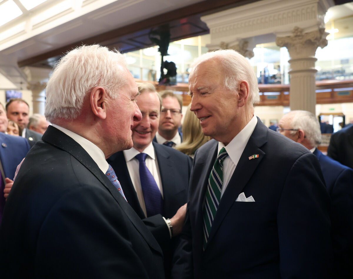 US President Joe Biden meeting with former Taoiseach Bertie Ahern and Enda Kenny after speaking in the Dáil Chamber at Leinster House for a joint address to the Houses of the Oireachtas.