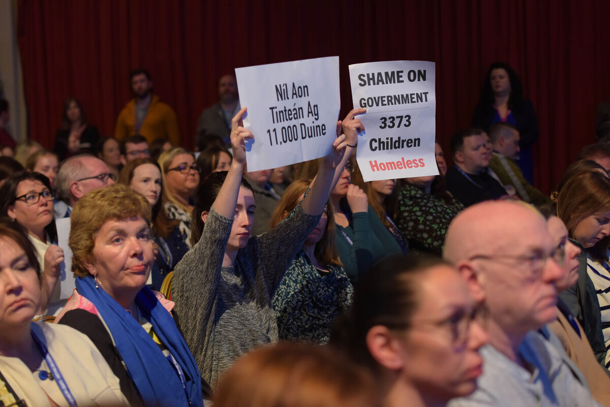 Delegates hold up cards with messages for Education Minister Norma Foley at the Irish National Teachers' Organisation's annual congress in Killarney. Picture: Moya Nolan Delegates hold up cards with messages for Education Minister Norma Foley at the Irish National Teachers' Organisation's annual congress in Killarney. Picture: Moya Nolan