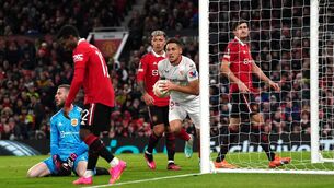 <p>ONE BACK: Sevilla's Lucas Ocampos (centre) celebrates his side's first goal of the game during the UEFA Europa League quarter-final first leg at Old Trafford. Pic: Nick Potts/PA Wire</p>