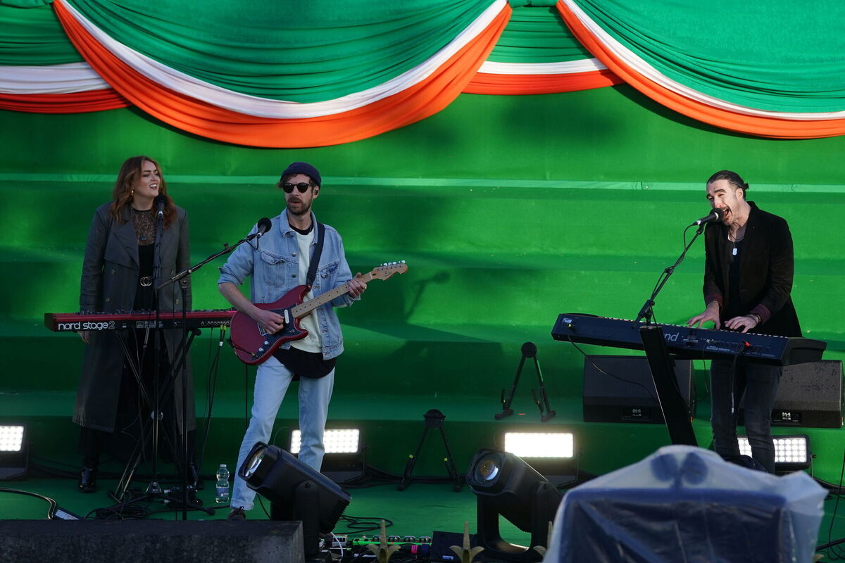 The Coronas performing on stage before US President Joe Biden delivers a speech at St Muredach's Cathedral in Ballina. Picture: Brian Lawless/PA Wire The Coronas performing on stage before US President Joe Biden delivers a speech at St Muredach's Cathedral in Ballina. Picture: Brian Lawless/PA Wire