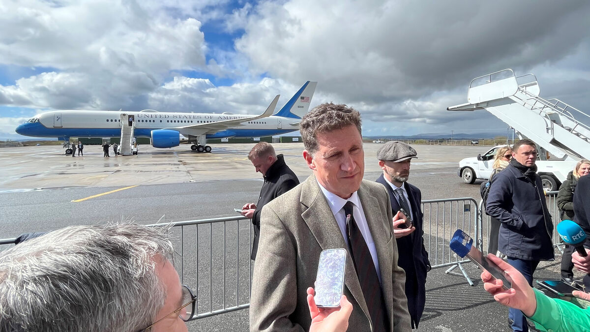Environment minister Eamon Ryan speaks to reporters, as US president Joe Biden arrives at Knock Airport. Picture: Niall Carson