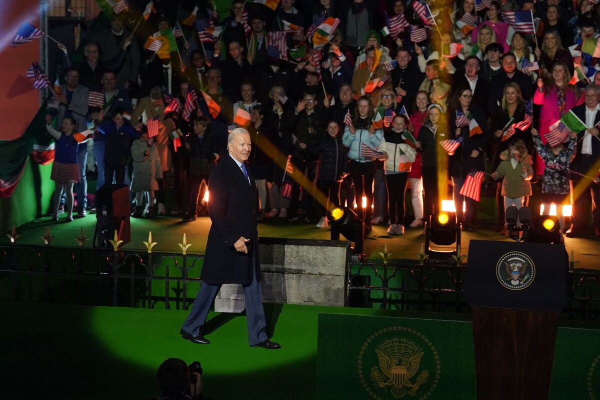 US President Joe Biden on stage to deliver a speech at St Muredach's Cathedral in Ballina. Pictured: Brian Lawless/PA Wire US President Joe Biden on stage to deliver a speech at St Muredach's Cathedral in Ballina. Pictured: Brian Lawless/PA Wire