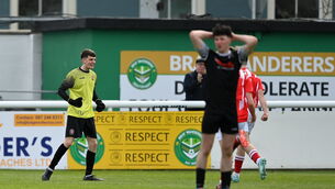 <p>St Joseph’s goalkeeper Dylan Kane celebrates after scoring his side's winner against College Corinthians at the Carlisle Grounds in Bray. Picture:  Seb Daly/Sportsfile</p>