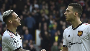 <p>Manchester United's Diogo Dalot, right, celebrates with Anthony after scoring his side's second goal against Nottingham Forest. Picture: AP Photo/Rui Vieira</p>