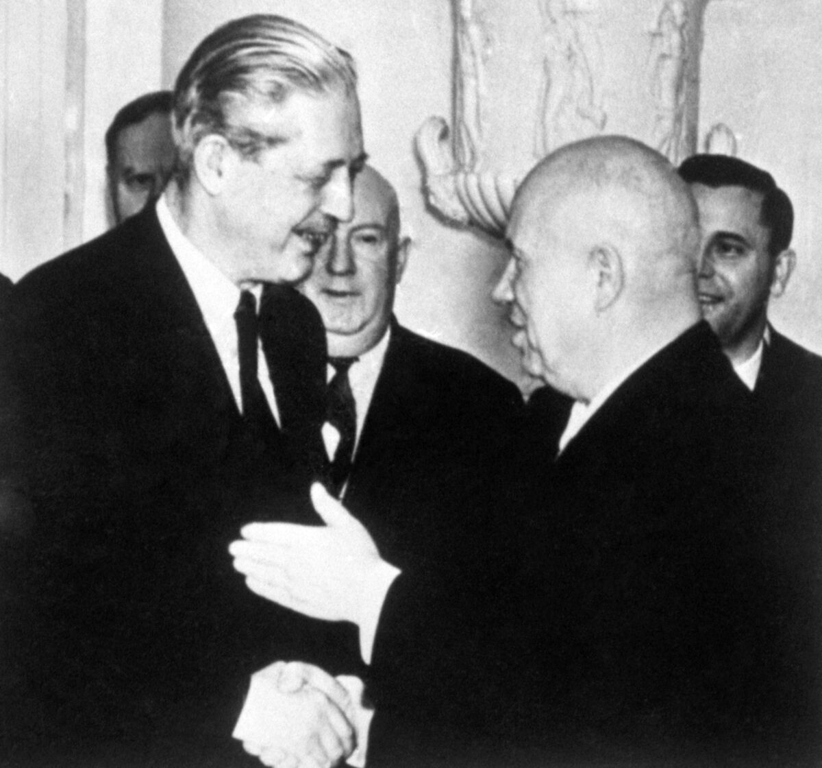 British prime minister Harold Macmillan during a meeting with Soviet leader Nikita Khrushchev in Moscow. British prime minister Harold Macmillan during a meeting with Soviet leader Nikita Khrushchev in Moscow.
