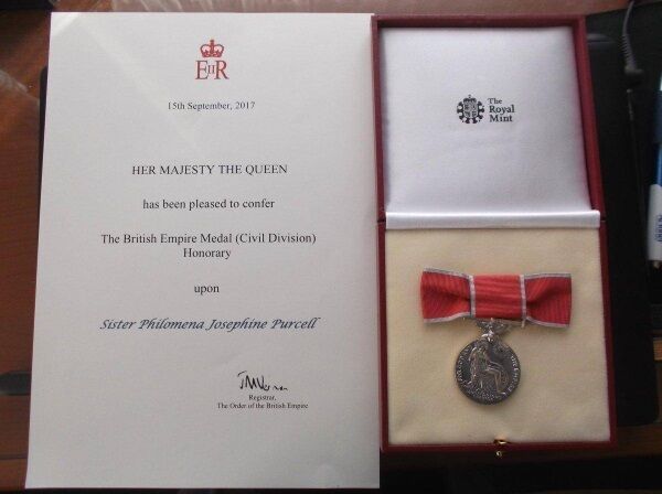 The British Empire Medal presented to Sister Philomena Purcell The British Empire Medal presented to Sister Philomena Purcell