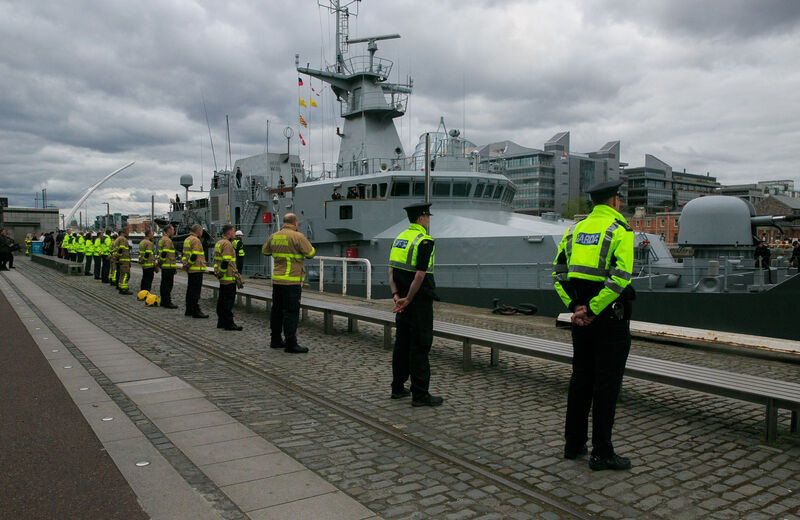 Members of the Emergency services form a guard of honour for Irish Naval Ship LE William Butler Yeats after it departed from Ohn Rogersons Quay, Dublin and return to routine security operations at sea. Picture: Gareth Chaney/Collins Members of the Emergency services form a guard of honour for Irish Naval Ship LE William Butler Yeats after it departed from Ohn Rogersons Quay, Dublin and return to routine security operations at sea. Picture: Gareth Chaney/Collins
