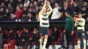 <p>GOAL-SCORER: Manchester City's Erling Haaland applauds the fans after being substituted off for team-mate Julian Alvarez (right) during the UEFA Champions League quarter-final second leg match at Allianz Arena, Munich. Picture date: Wednesday April 19, 2023. PA Photo. See PA story SOCCER Man City. Photo credit should read: Adam Davy/PA Wire.</p>