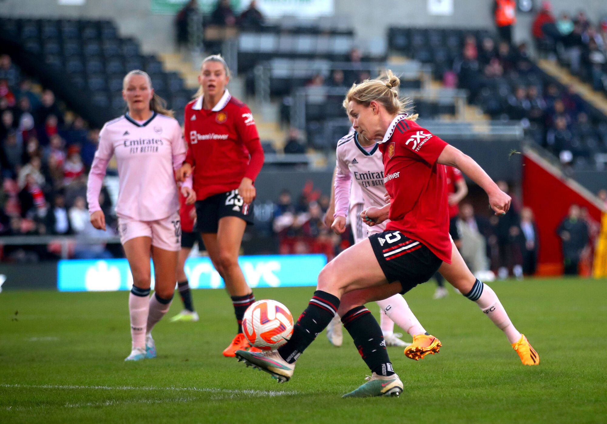 Manchester United's Aoife Mannion attempts a shot on goal during the Barclays Women's Super League match at Leigh Sports Village, Manchester. Picture date: Wednesday April 19, 2023.   Photo: Simon Marper/PA Wire.
