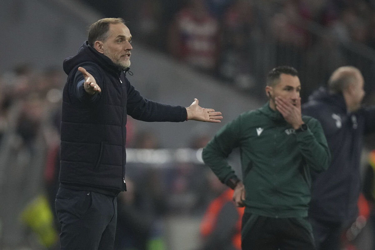 ANGER: Bayern's head coach Thomas Tuchel reacts during the Champions League quarter-final second leg. Pic: AP Photo/Matthias Schrader