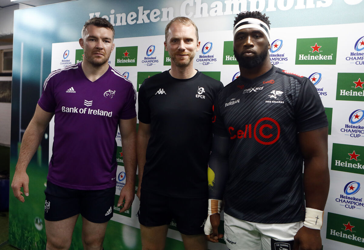 LEADERS OF MEN: Munster’s Peter O’Mahony, Referee Wayne Barnes and Cell C Shark’s Siya Kolisi. Pic: ©INPHO/Steve Haag Sports