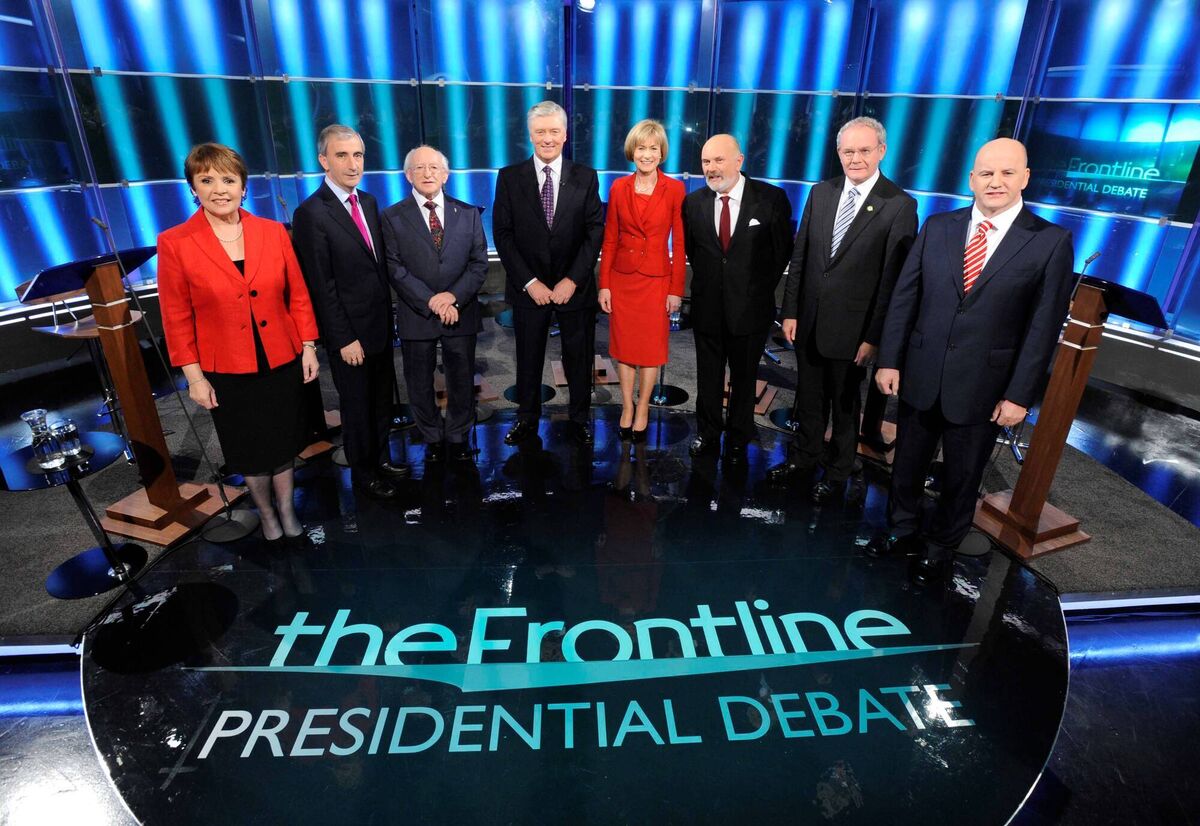  Sean Gallagher (right) with broadcaster Pat Kenny and Mr Gallagher's fellow presidential candidates prior to the Frontline debate that gave rise to 'tweetgate' in October 2011 — Dana Rosemary Scallon, Gay Mitchell, Michael D Higgins, Mary Davis, David Norris, and Martin McGuinness. Picture: Sasko Lazarov/Photocall