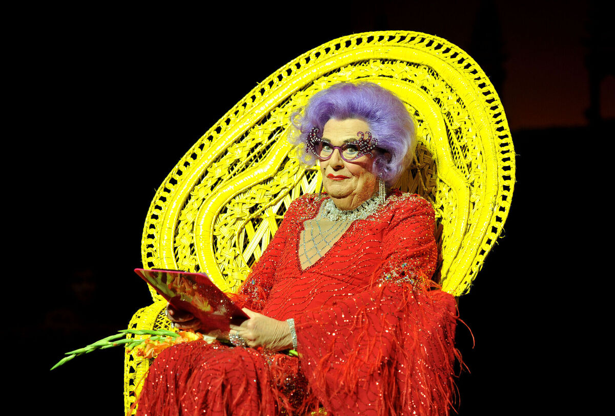 Barry Humphries in character as Dame Edna Everage at the announcement of the Barry Humphries' Farewell Tour at The London Palladium, London.