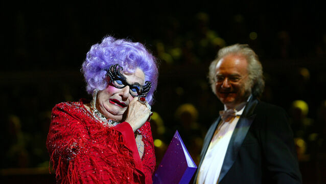 <p>Barry Humphries as Dame Edna Everage performing at the Last Night of the BBC Poms at the Royal Albert Hall.</p>