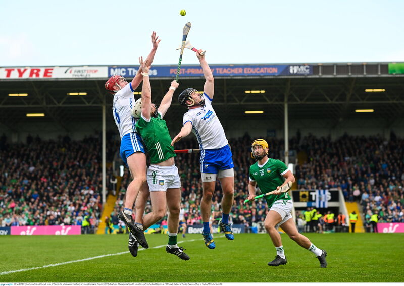 Calum Lyons, left, and Darragh Lyons of Waterford in action against Cian Lynch of Limerick during the Munster GAA Hurling Senior Championship Round 1 match between Waterford and Limerick at FBD Semple Stadium in Thurles, Tipperary. Photo by Stephen McCarthy/Sportsfile