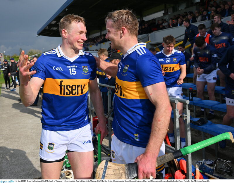 Brian McGrath and Noel McGrath of Tipperary celebrate at the final whistle of the Munster GAA Hurling Senior Championship Round 1 match between Clare and Tipperary at Cusack Park in Ennis, Clare. Photo by Ray McManus/Sportsfile