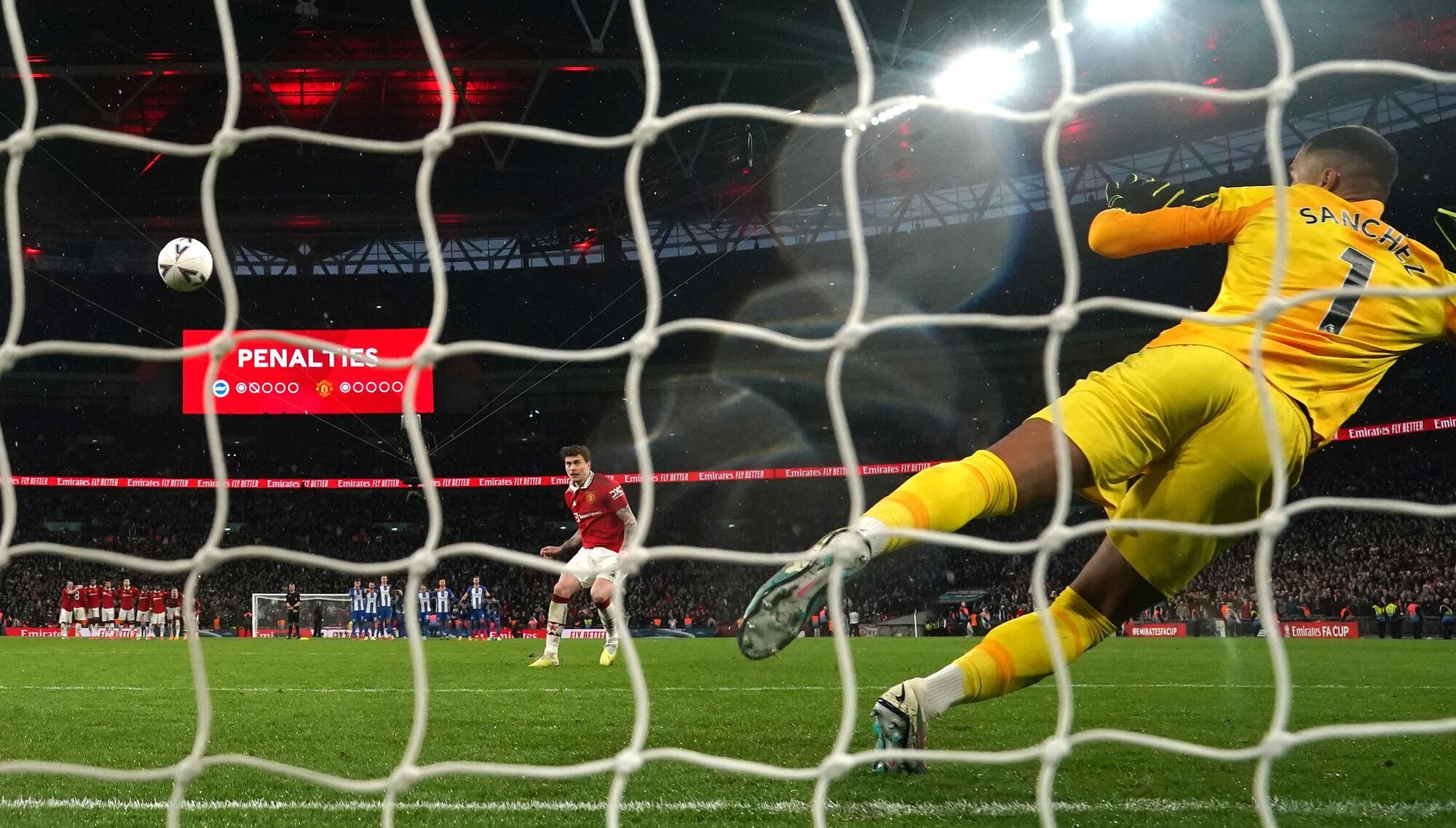WINNER: Manchester United's Victor Lindelof scores the winning penalty in the shoot-out during the Emirates FA Cup semi-final at Wembley. Pic: Nick Potts/PA Wire