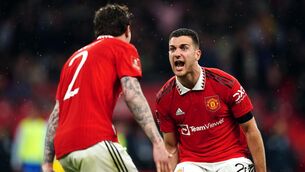 <p>CUP FINAL FEELING: Manchester United's Victor Lindelof and Diogo Dalot celebrate the winning the penalty shoot-out during the Emirates FA Cup semi-final at Wembley. Pic: Mike Egerton/PA Wire</p>