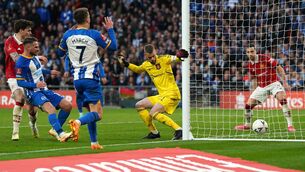 <p>CLOSE SHAVE: Brighton and Hove Albion's Solly March attempts a shot on goal during the Emirates FA Cup semi-final at Wembley. Pic: Nick Potts/PA Wire</p>
