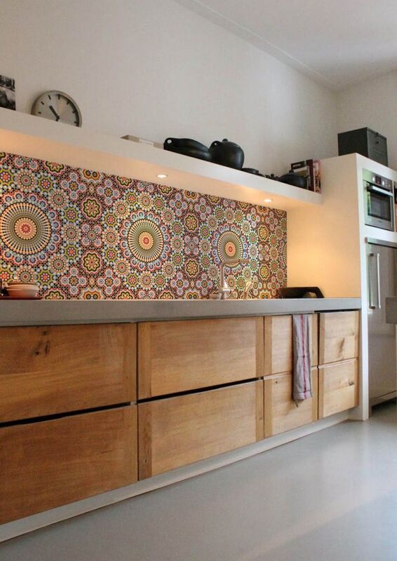  Vinyl splashbacks for kitchens and bathrooms are easy to apply and remove, and deal with the aesthetic eye-sore of dated tiling (Maroc kitchen splashback, €152.57 at www.limelace.co.uk).