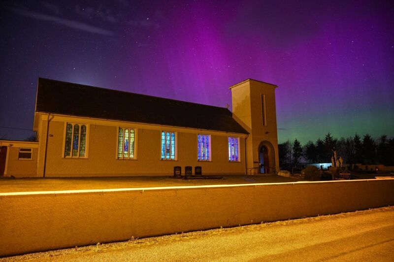 Northern Lights in the sky behind Shrone Church in Rathmore, Co Kerry.(Picture: Conor Healy) 
