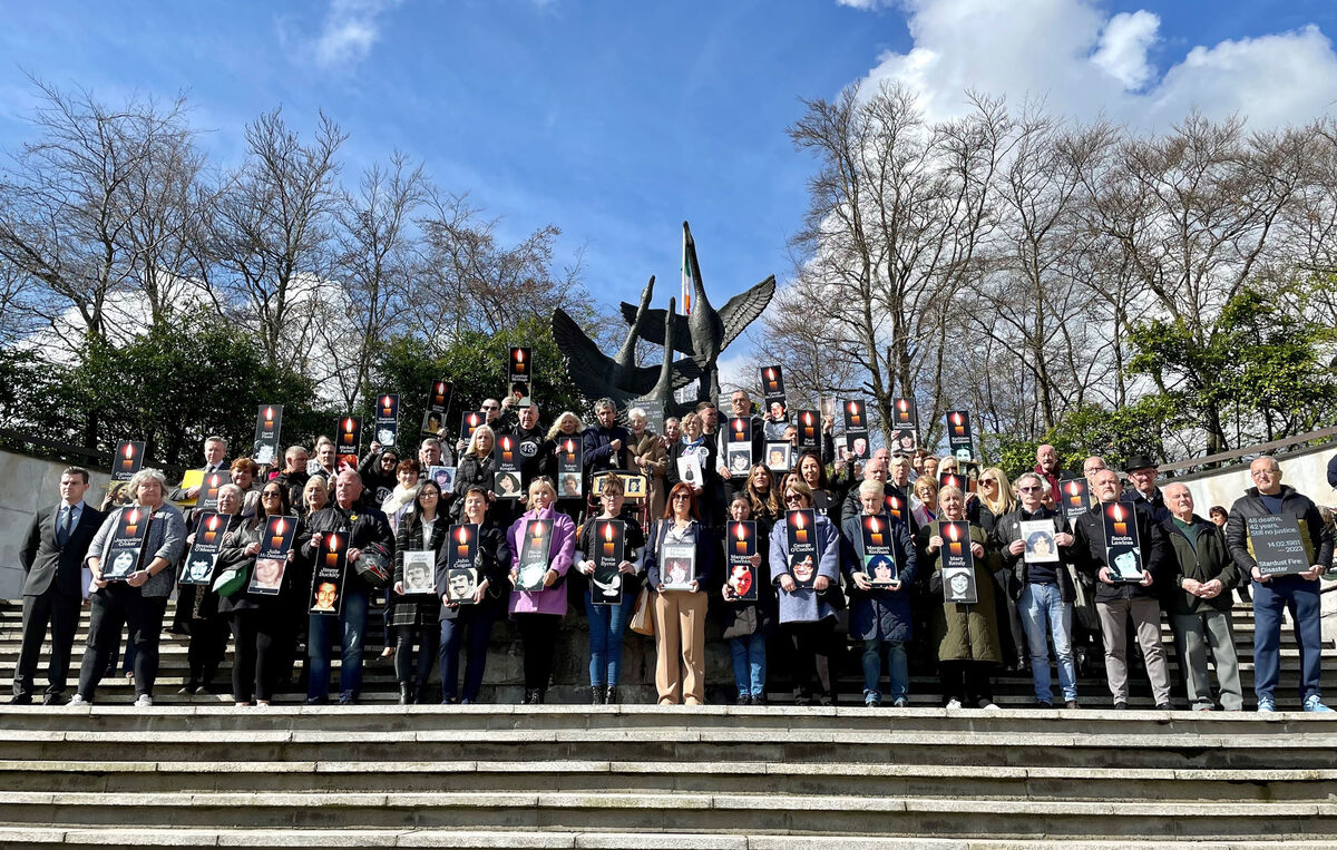 Relatives of those killed in the Stardust fire gather at the Garden of Remembrance ahead of the first day of the inquest. Picture: David Young/PA Relatives of those killed in the Stardust fire gather at the Garden of Remembrance ahead of the first day of the inquest. Picture: David Young/PA