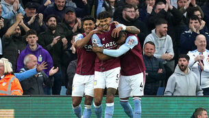 Aston Villa’s Tyrone Mings (centres) celebrates scoring their side’s first goal of the game with team-mates during the Premier League match at Villa Park, Birmingham. Picture date: Tuesday April 25, 2023.