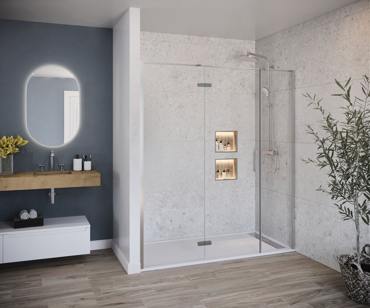 Hovering in a niche, this white confection gilded in gold , emphasises space; Bolonia Slate effect shower trays with colour-matched waste from €350, tubstiles.ie.