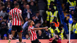 <p>Brentford's Bryan Mbeumo celebrates scoring their side's second goal of the game during the Premier League match at Stamford Bridge, London. Picture: John Walton/PA Wire </p>