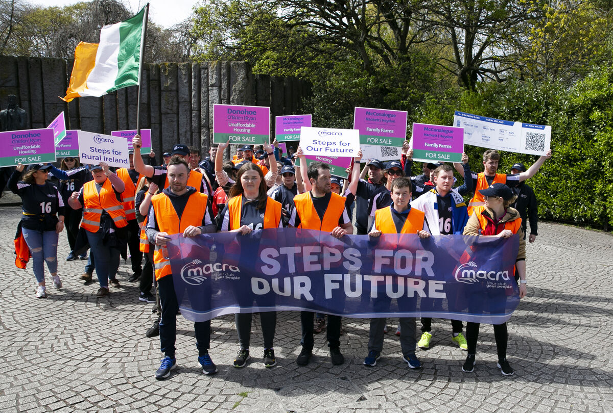 Members and supporters of Macra Na Feirme who walked 79 km from its founding place in Athy to Government Buildings, Dublin to highlight their concerns about their futures within rural communities. Photo: Gareth Chaney/ Collins Photos Members and supporters of Macra Na Feirme who walked 79 km from its founding place in Athy to Government Buildings, Dublin to highlight their concerns about their futures within rural communities. Photo: Gareth Chaney/ Collins Photos