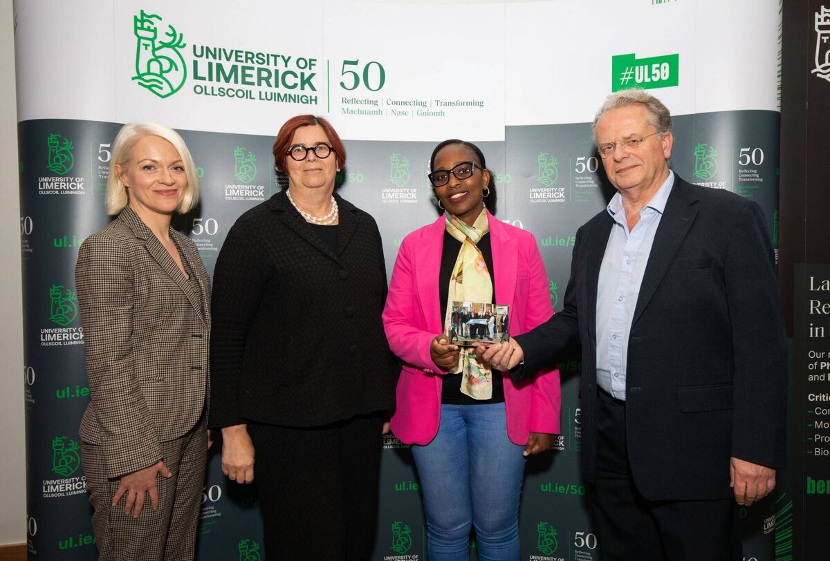 At the University of Limerick's Bernal Institute for the UL Sustainability Challenge awards are, Science Communicator, Kathriona Devereux, Prof. Kerstin Mey, President, UL, Rebecca Tumwebaze, winner and Prof. Luuk Van Der Wielen. Picture: Alan Place