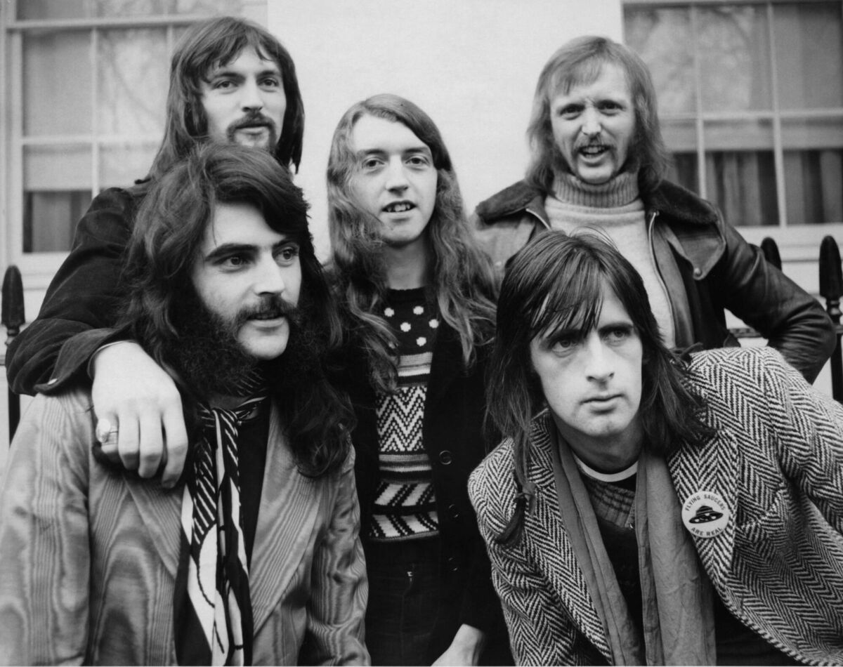 Horslips, 19th January 1974. From left to right, Jim Lockhart (behind), John Fean, Barry Devlin, frontman Charles O'Connor and Eamon Carr (behind). Pic: Central Press/Hulton Archive/Getty Images.
