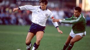 <p>England’s Gary Lineker and Paul McGrath of Ireland at the European Championship Qualifier,  ©INPHO/Billy Stickland</p>