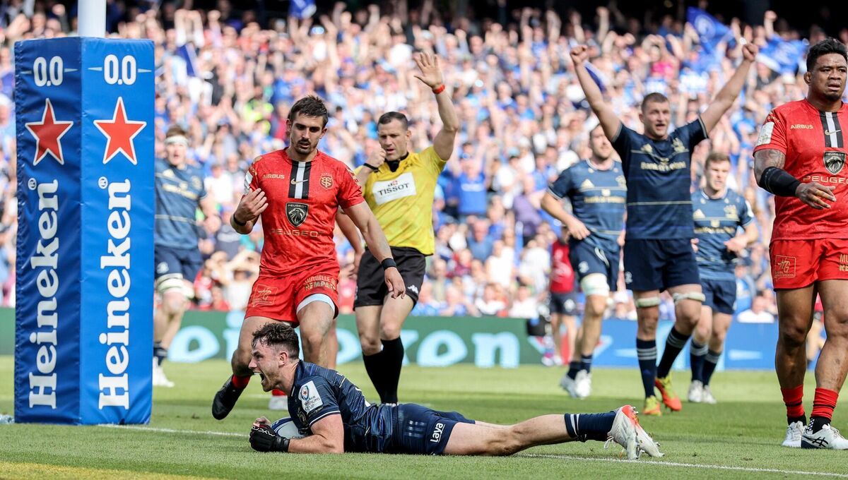 REVENGE? Leinster's Hugo Keenan celebrates after scoring the final try of the game last year. Pic:©INPHO/Dan Sheridan